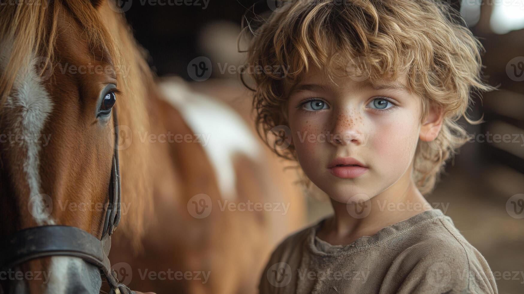 A boy with curly hair and blue eyes stands close to a horse in a barn, looking intrigued as natural light filters through wooden beams. photo