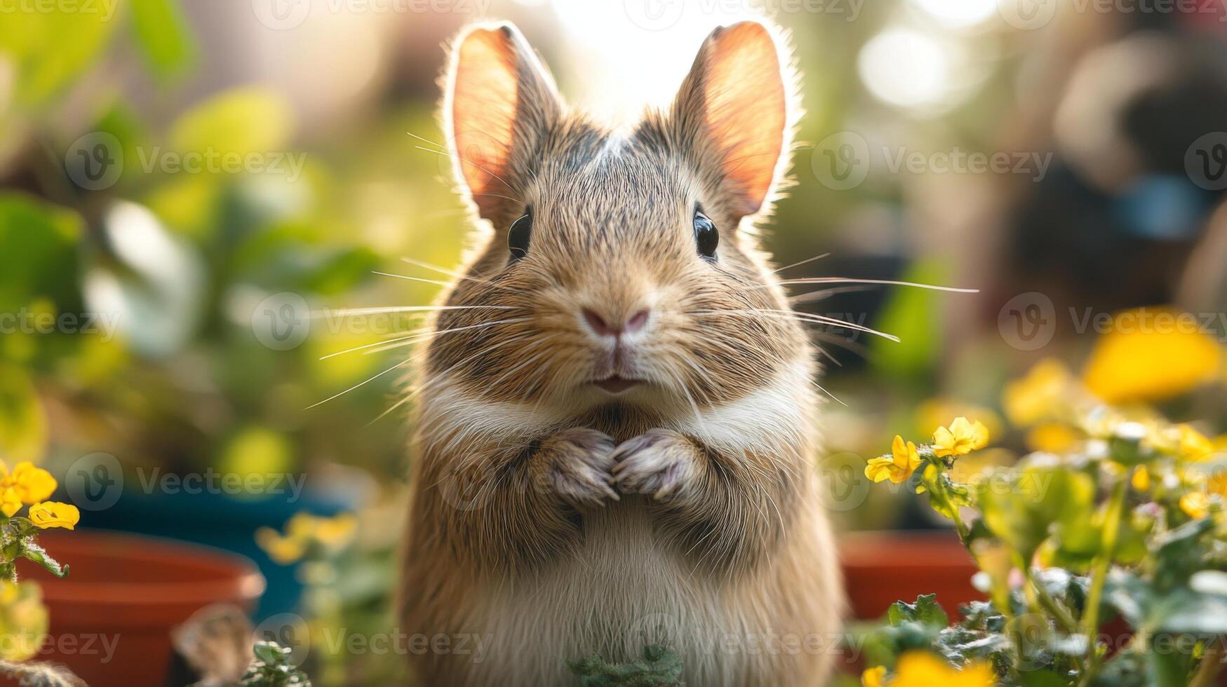 A small rabbit with soft fur and alert ears sits calmly in a lush garden surrounded by colorful flowers and pots, basking in the warm afternoon sunlight. photo