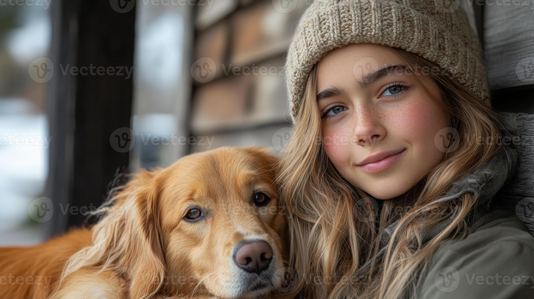 A girl with long hair and a knit hat sits beside her golden retriever in a warm, rustic space, showcasing a bond of companionship on a cold day. photo