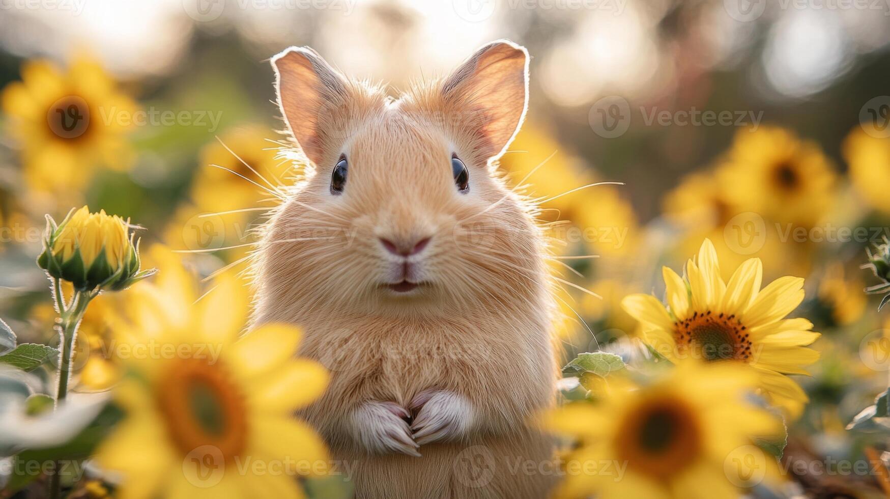 A fluffy rabbit stands in a colorful field filled with sunflowers, enjoying the warm sunlight on a beautiful day. Its curious expression adds charm to the lively setting. photo