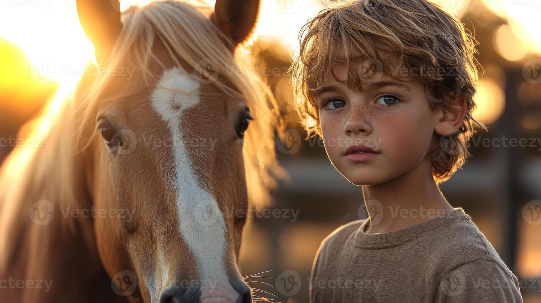 A young boy gazes thoughtfully while standing next to a horse during sunset. The warm light highlights their peaceful bond in a serene outdoor setting. photo