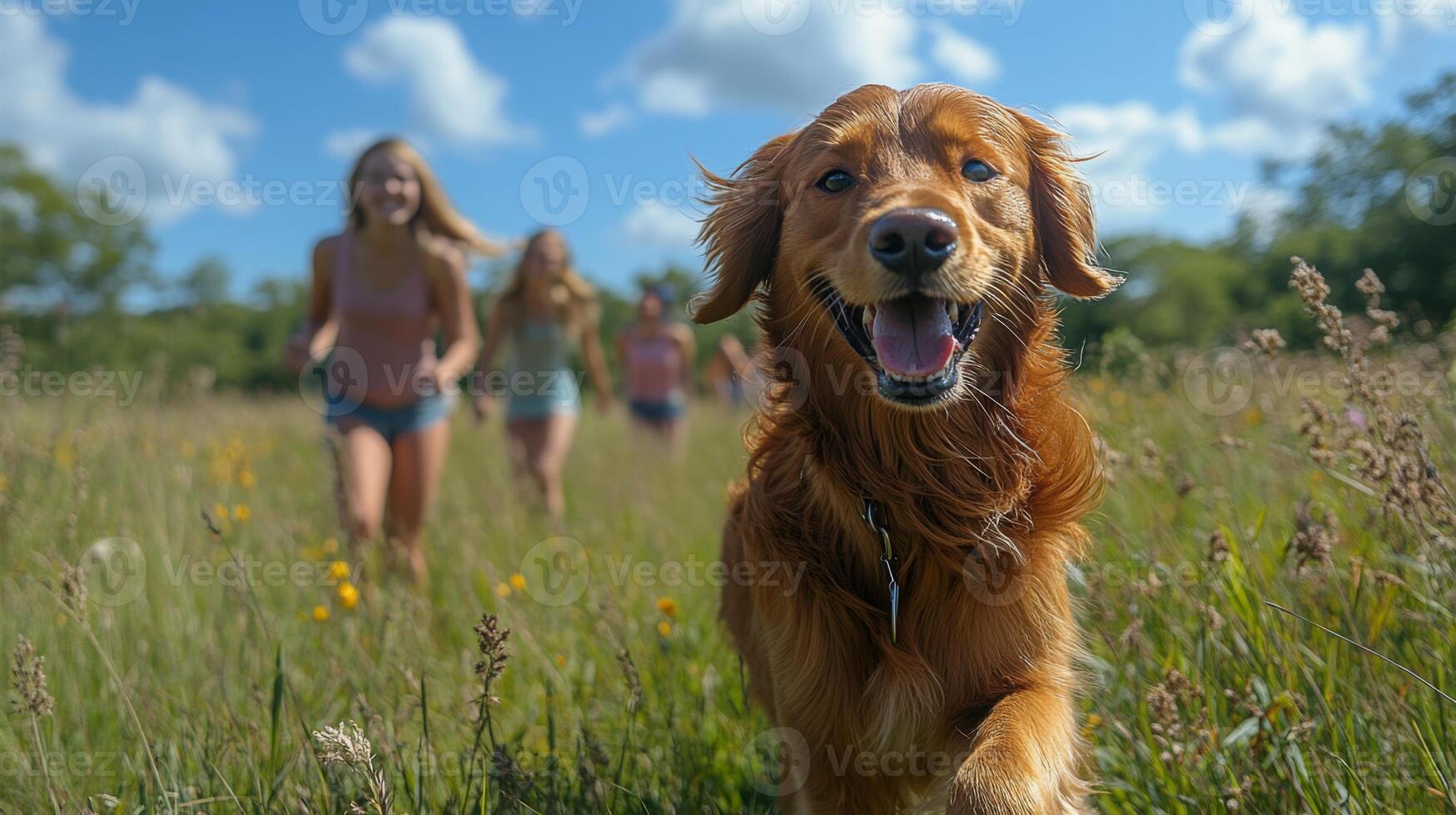 A golden retriever joyfully runs through a grassy meadow filled with wildflowers while several girls run and laugh in the background on a sunny summer day. photo