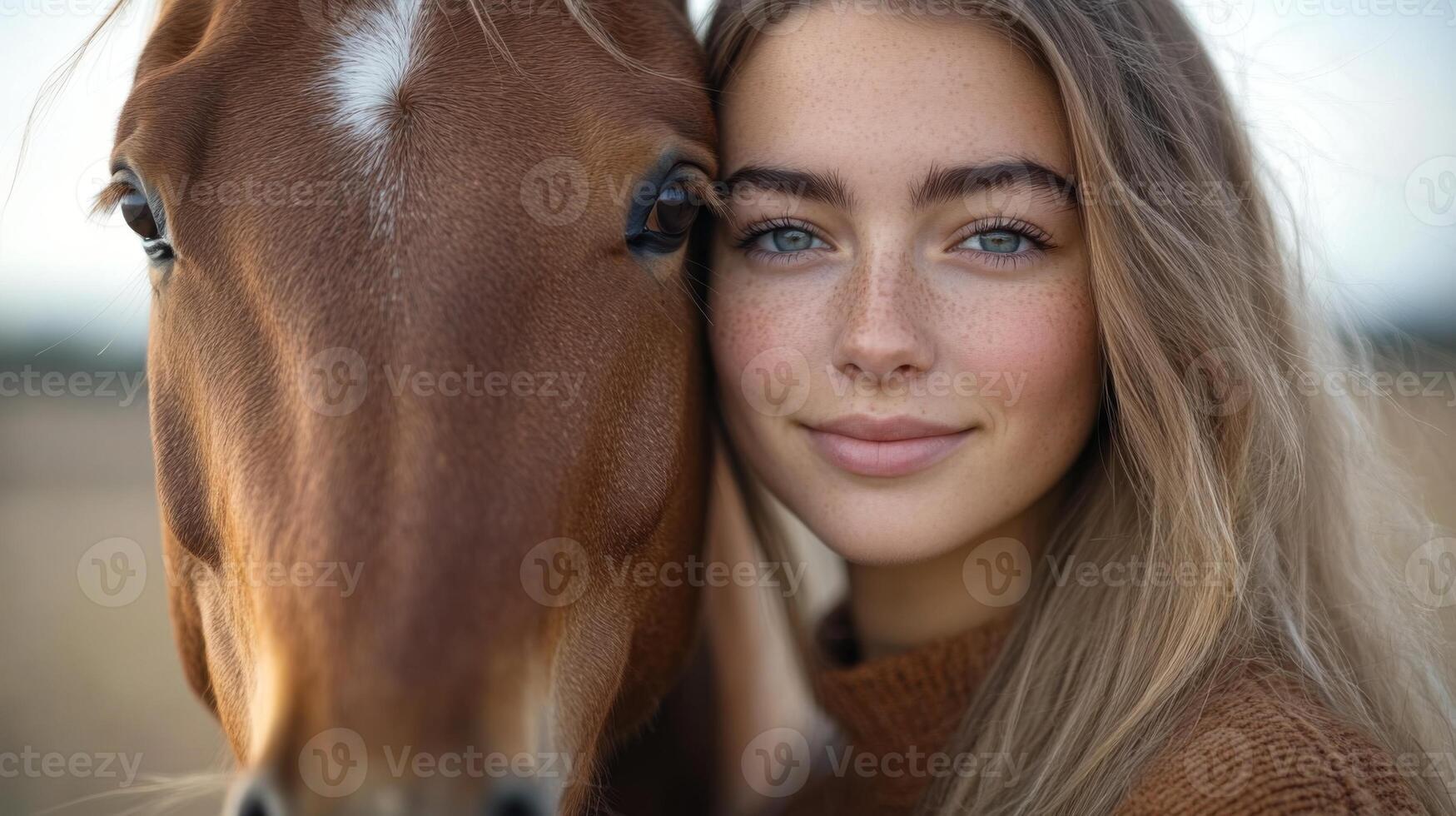 A young woman stands beside a brown horse, both gazing gently at the camera. The warm light of golden hour highlights their features, creating an intimate atmosphere. photo