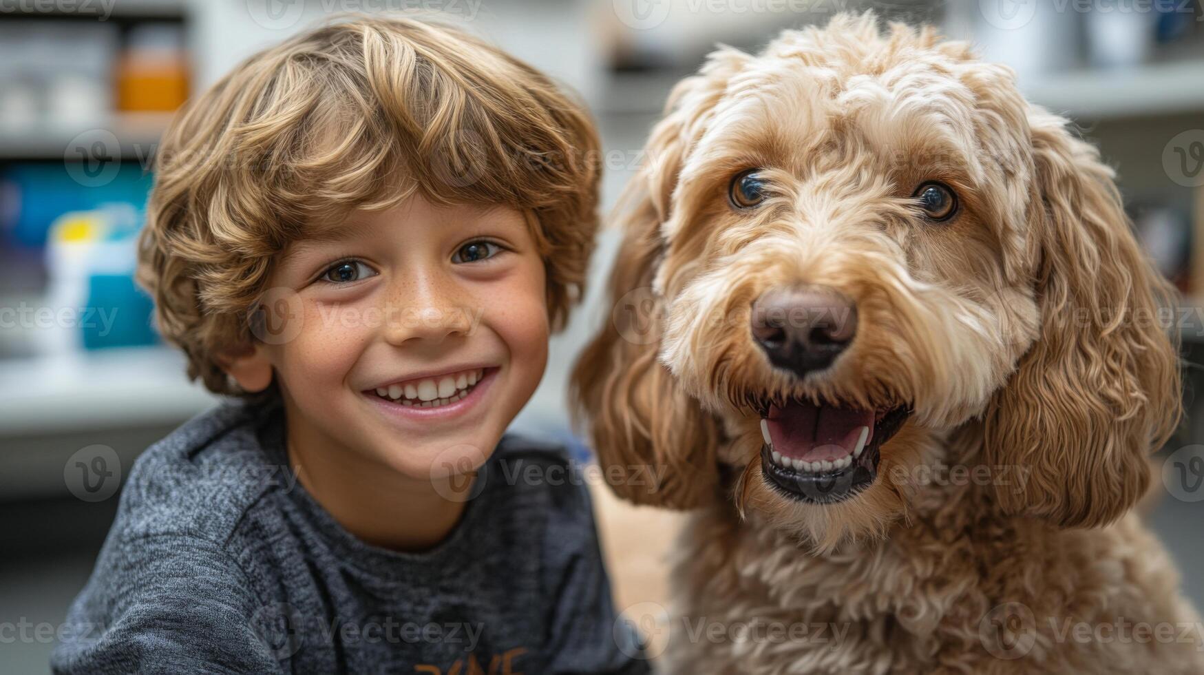 A cheerful young boy with curly hair sits closely next to a friendly dog, both radiating joy in an indoor setting filled with warm light and a sense of affection photo