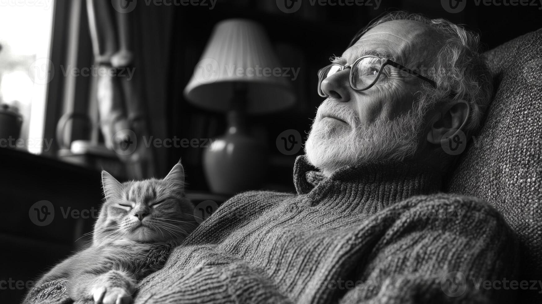 In a tranquil indoor setting, an elderly man relaxes in a chair, thoughtfully gazing into the distance while a cat sleeps comfortably on his lap, creating a peaceful atmosphere. photo