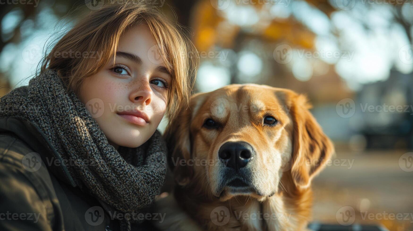 A girl sits closely next to a golden retriever, both enjoying the warm sunlight of an autumn day in a vibrant park. The trees are adorned with yellow and orange leaves, creating a cozy atmosphere. photo