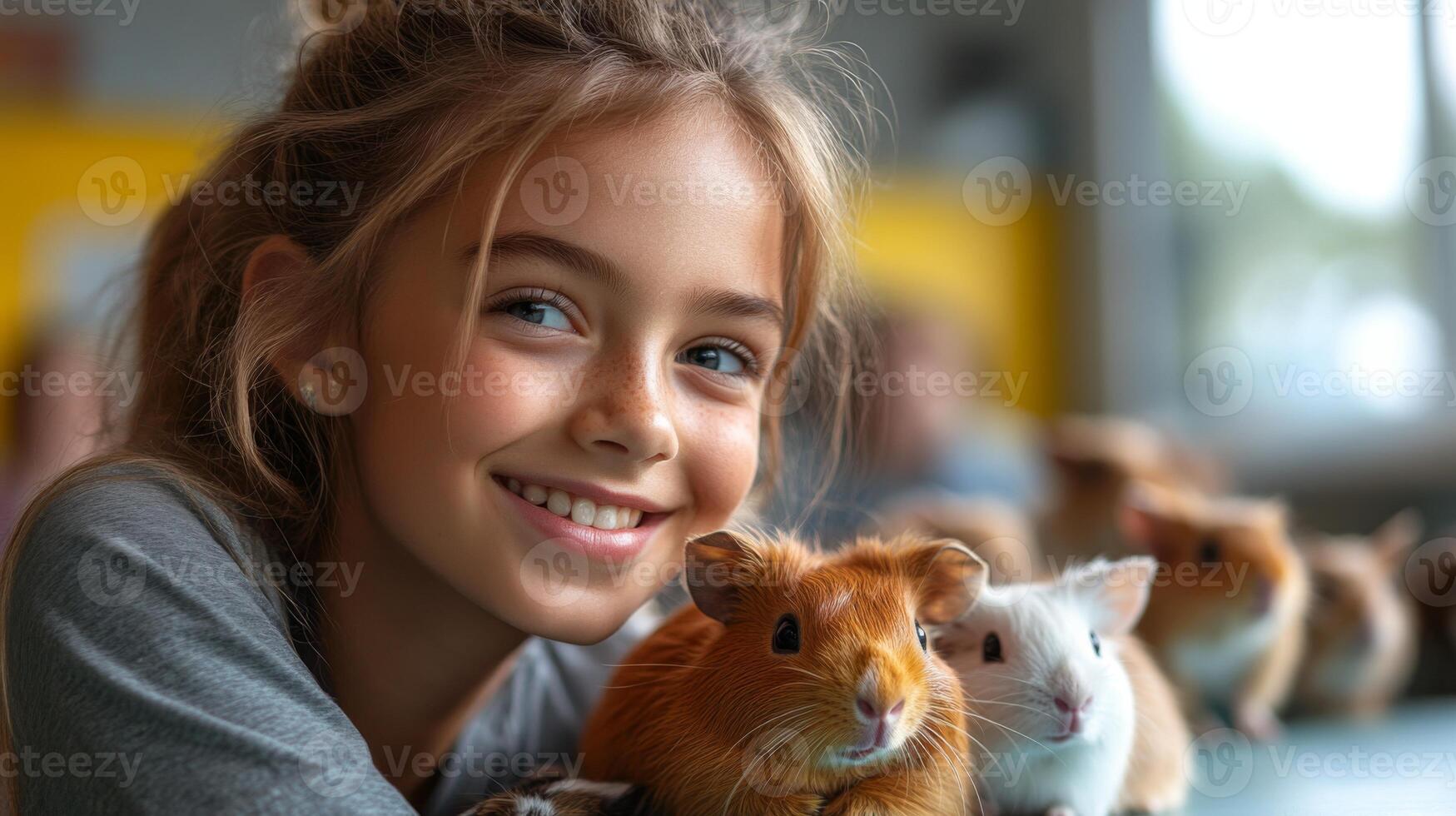 A young girl sits at a table in a colorful classroom, beaming with joy. She is surrounded by guinea pigs while engaging in an animal care activity with other children. photo