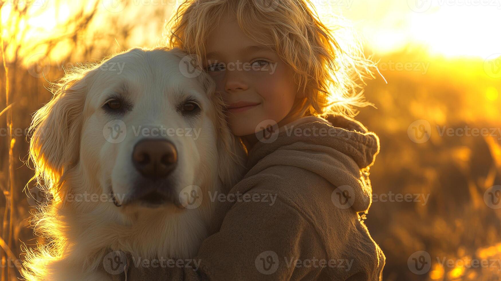 A child embraces a golden retriever in a sunlit field, capturing a tender moment as the sun sets in the background, highlighting the beauty of nature. photo