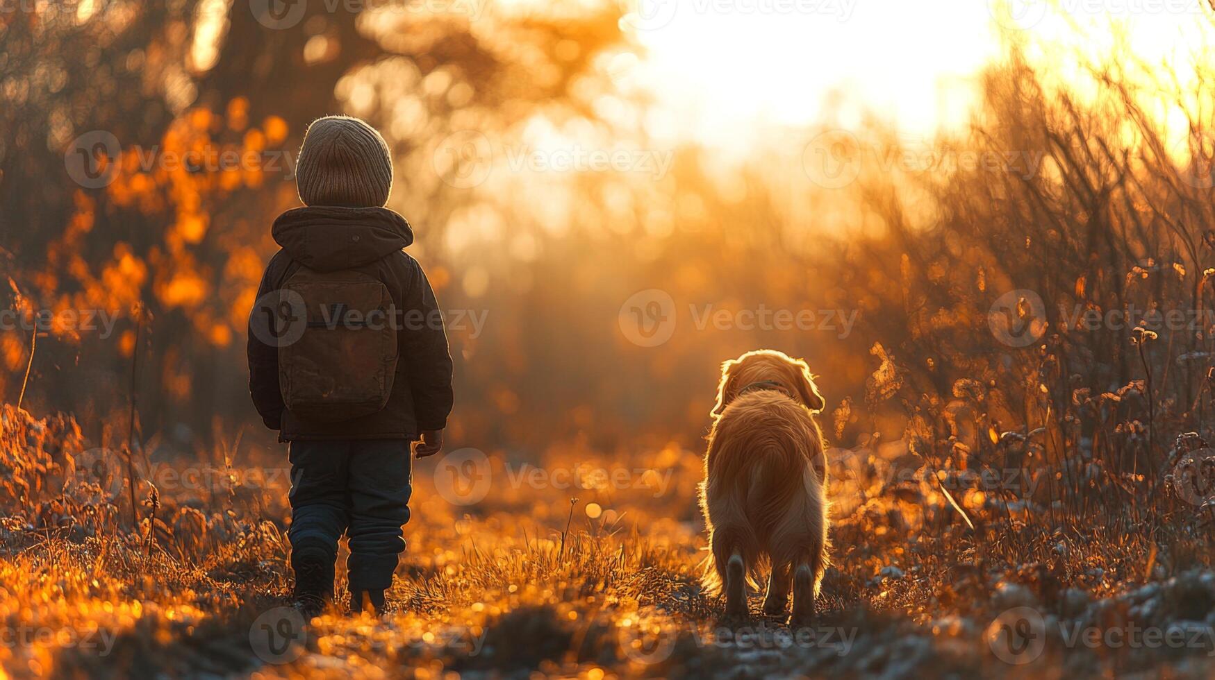 A young child and a golden retriever stroll down a sunlit path, surrounded by tall grass and trees, enjoying the warm glow of the evening light in a peaceful countryside photo
