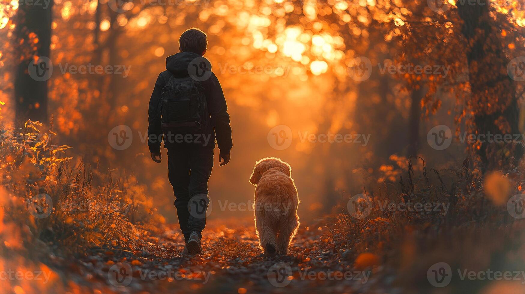 A person and a golden retriever stroll together along a wooded path, surrounded by vibrant autumn foliage as the sun sets in the background, creating a warm, golden glow. photo