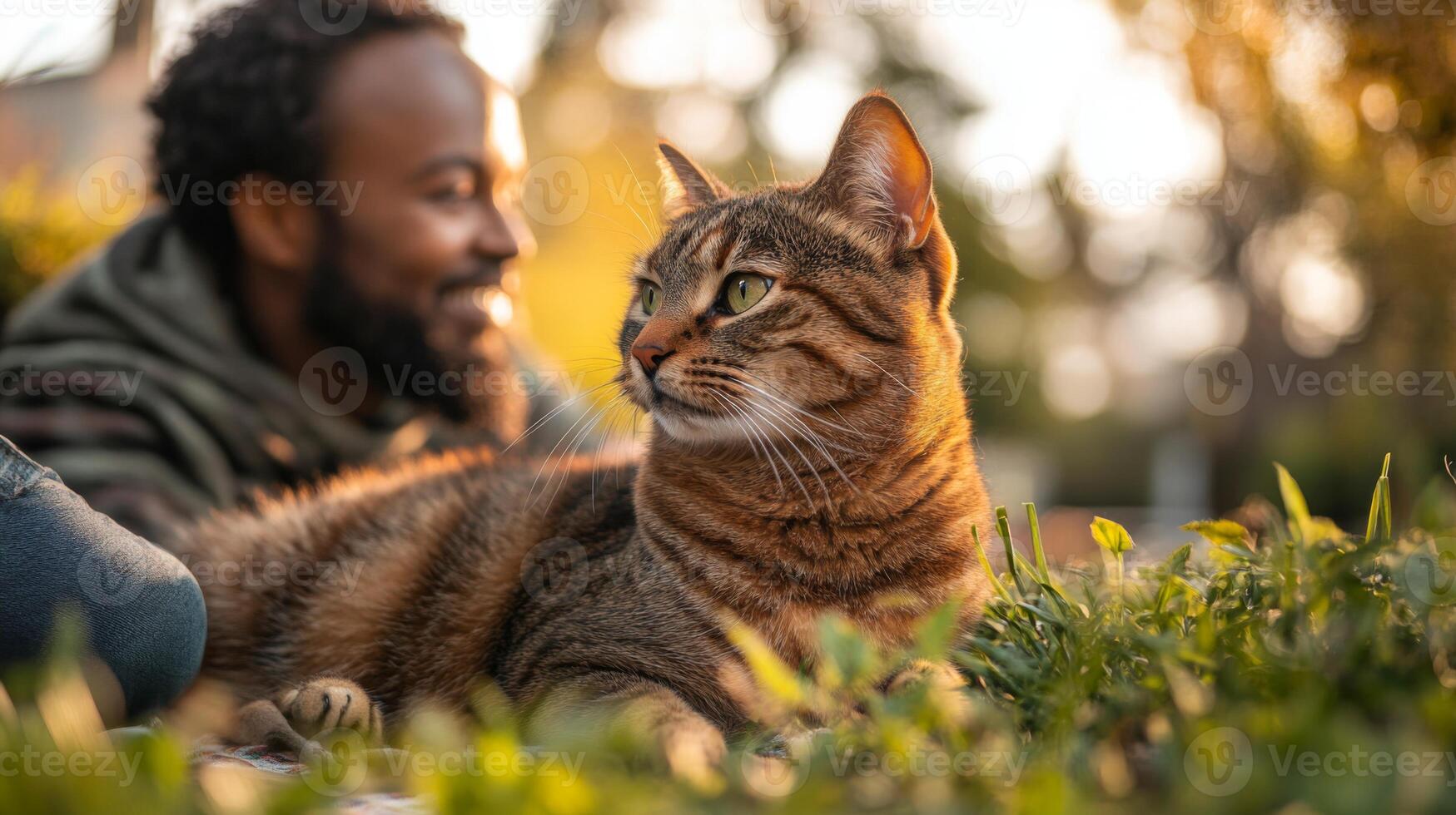 A man lies on his stomach in a park, smiling as he enjoys the company of his brown tabby cat. The warm glow of sunset enhances the tranquil atmosphere. photo