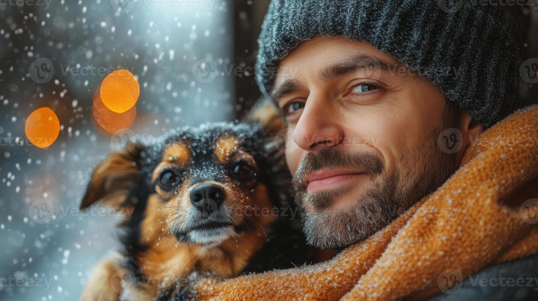 A man with a warm smile holds a small dog close while snow gently falls outside. Soft glowing lights fill the background, creating a cozy winter atmosphere. photo