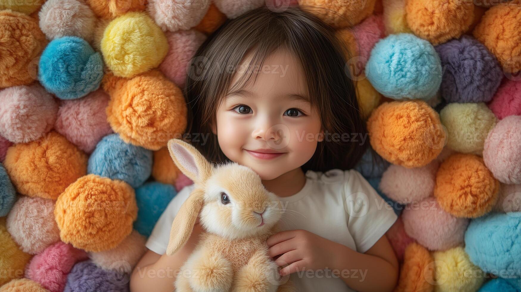A young child smiles brightly while holding a soft plush rabbit, lying on a bed of vibrant pom poms in various colors. The warm and playful atmosphere evokes happiness. photo