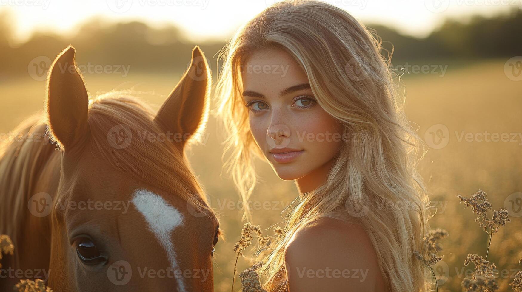 A young woman gazes warmly at the camera while standing next to a beautiful horse in a sunlit, golden field. The serene atmosphere reflects a peaceful bond with nature. photo