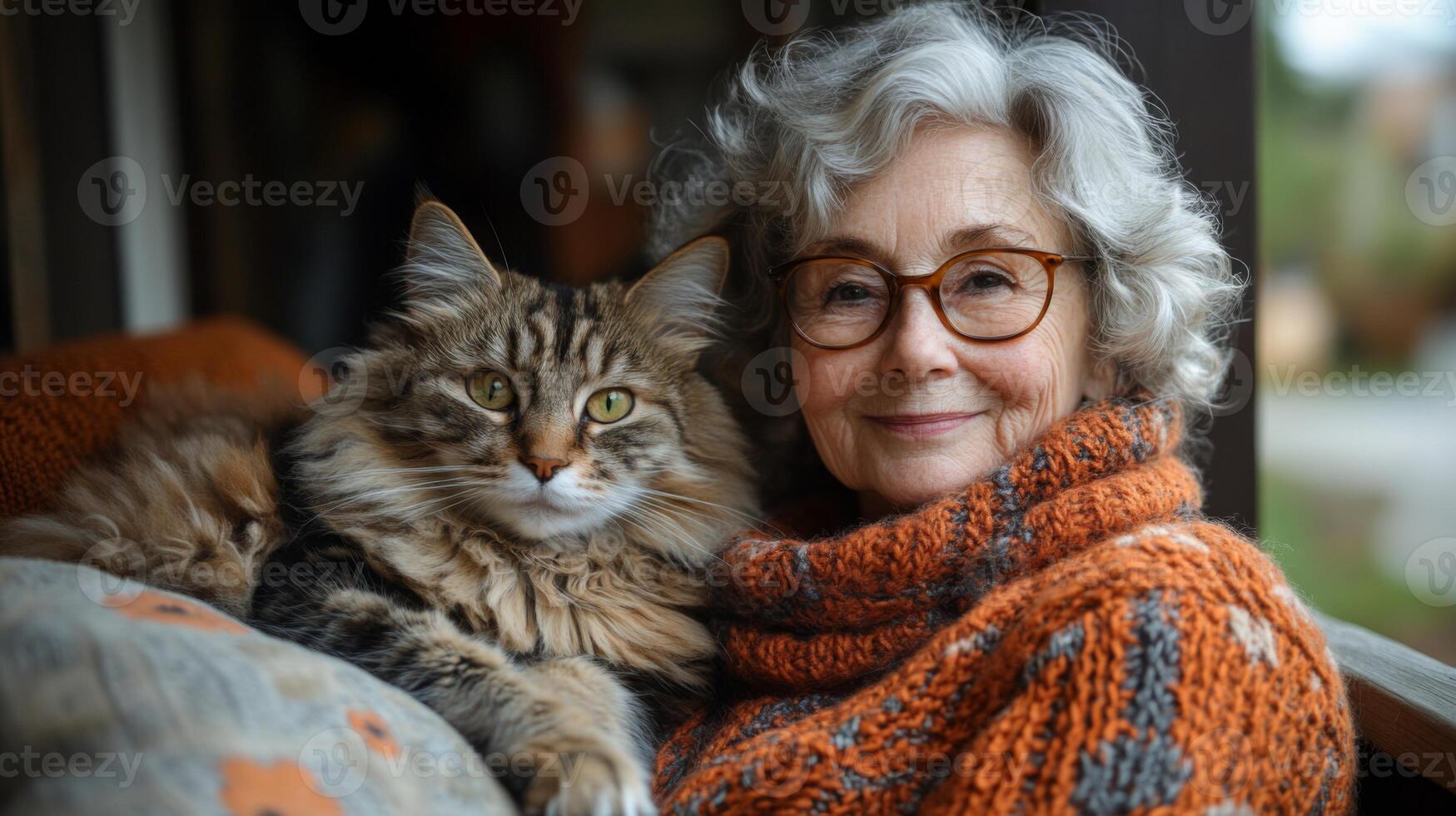 A woman with curly gray hair wears an orange sweater while lovingly holding her large, striped cat on a cozy couch. Sunlight fills the spacious room, creating a warm atmosphere. photo