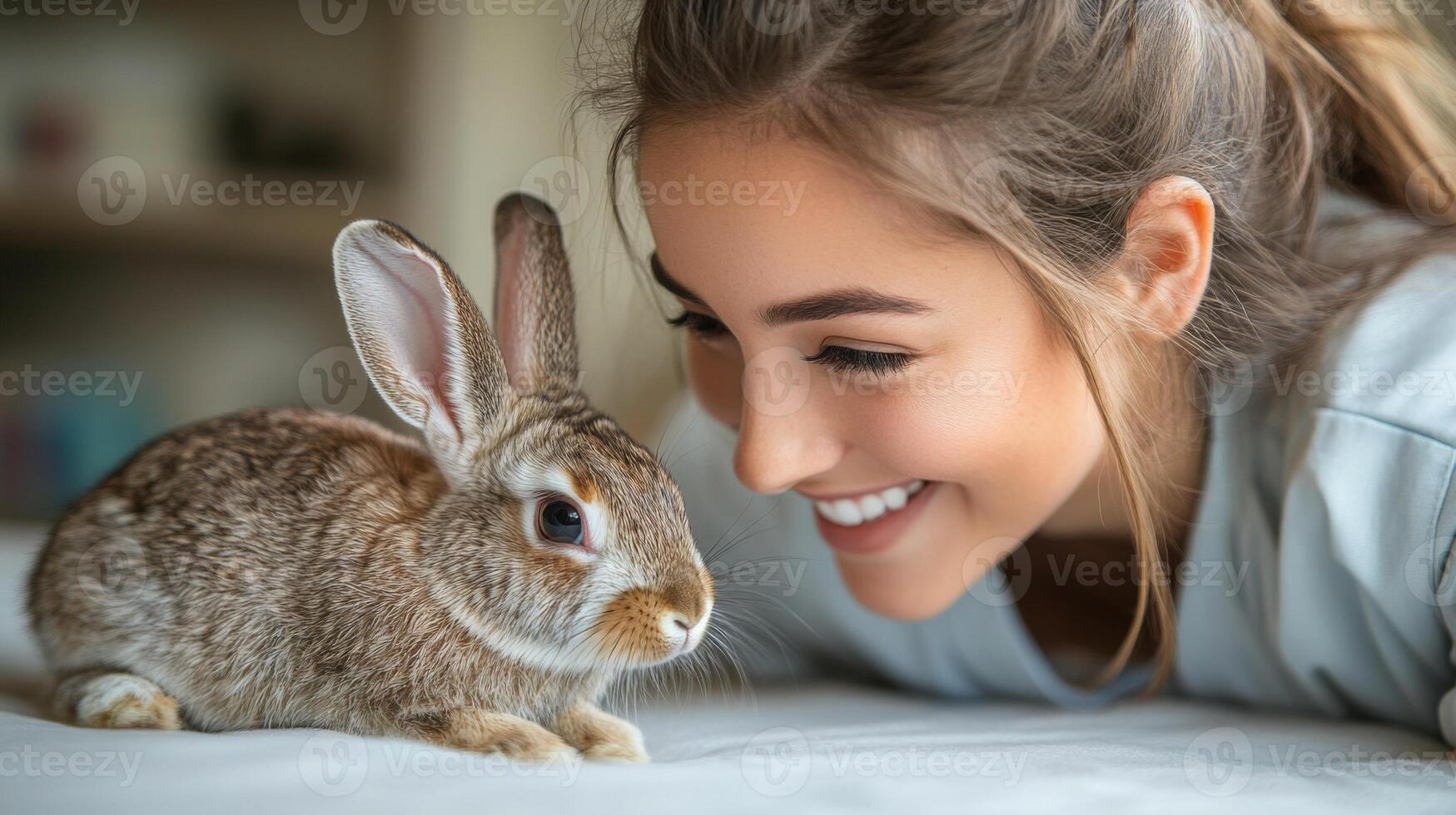 A young woman is leaning over to a bunny with a bright smile on her face, highlighting the warmth of friendship between humans and animals. Natural light fills the room, creating a soft atmosphere. photo
