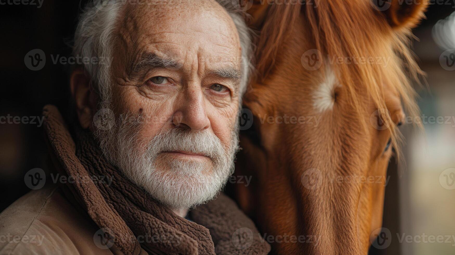 An elderly man with a gray beard looks thoughtfully while leaning against a horse in a rustic barn. The warm, golden hour light adds a serene atmosphere to this intimate setting. photo