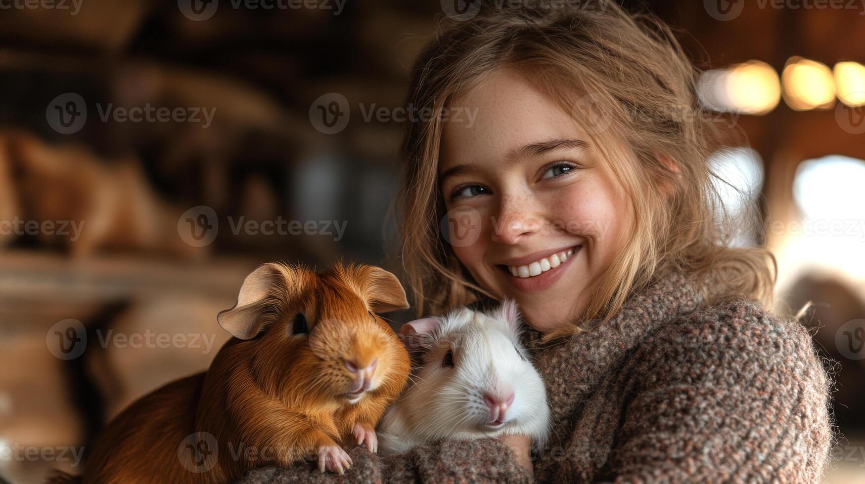 A girl radiates happiness as she cuddles two guinea pigs in her arms inside a warm barn filled with soft animal sounds and natural light. photo