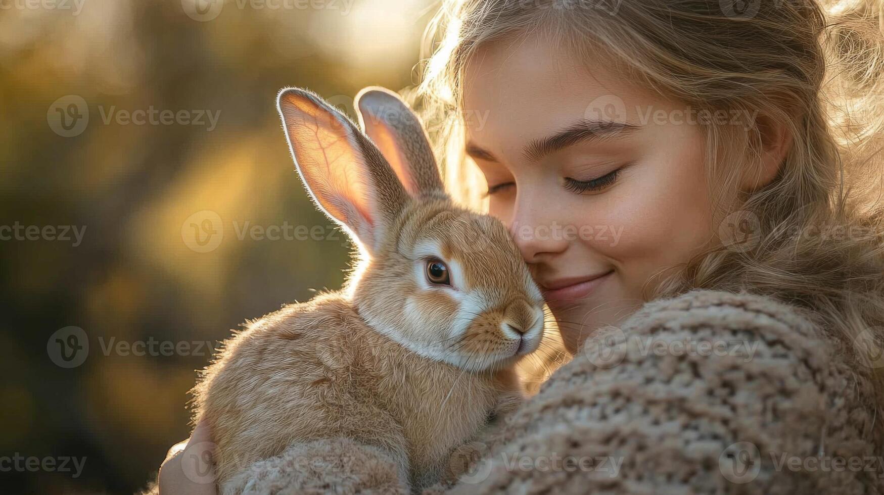 In a serene outdoor location during golden hour, a young girl smiles contently as she holds a fluffy rabbit close. The warm lighting enhances the joyful moment of their connection. photo