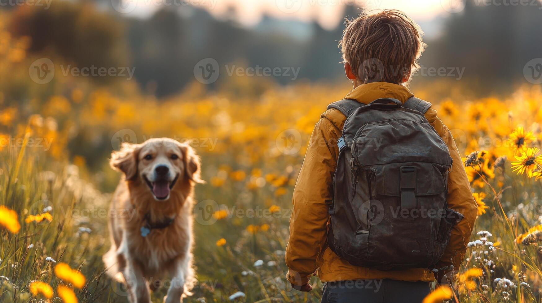 A young boy in a yellow jacket carries a backpack while happily walking in a flower filled meadow with a golden retriever by his side. The golden hour casts a warm glow. photo