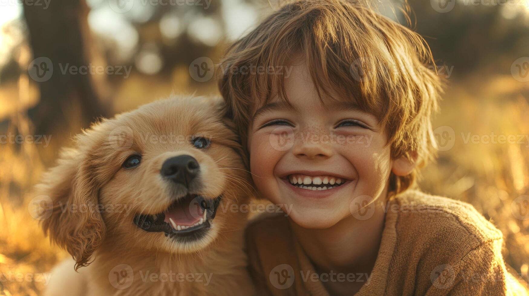 A young boy beams with joy while cuddling a fluffy puppy amidst golden autumn foliage. The warm sunlight enhances the playful atmosphere of their moment together. photo