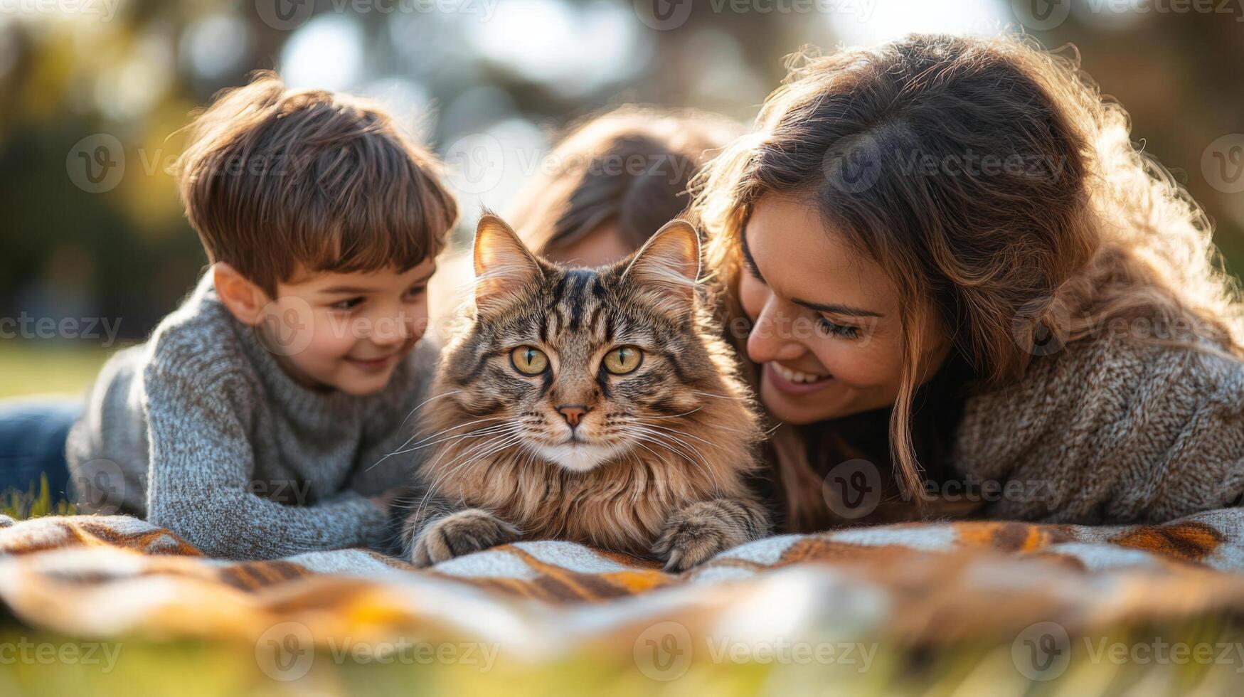 Two children and a woman lie on a blanket in the park, smiling as they interact with their fluffy cat amidst green grass and sunlight. photo