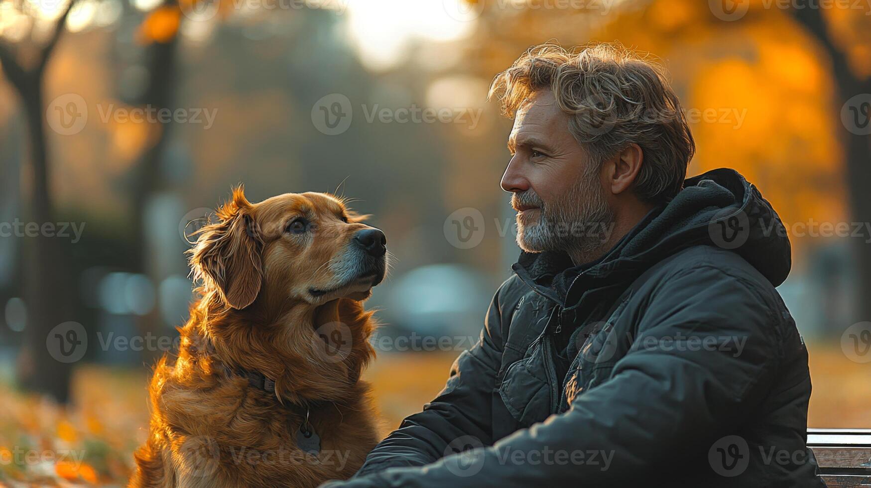 A man sits on a bench in a park, gazing at his golden retriever as they share a quiet moment. The setting is filled with orange and yellow leaves, highlighting the beauty of autumn. photo