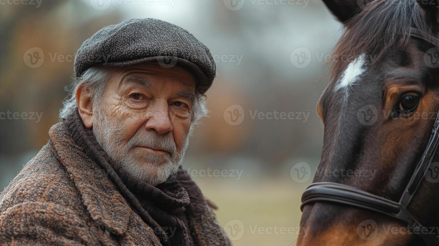 An elderly man dressed in warm clothing gazes thoughtfully while standing close to a brown horse, surrounded by the vibrant colors of autumn leaves. photo