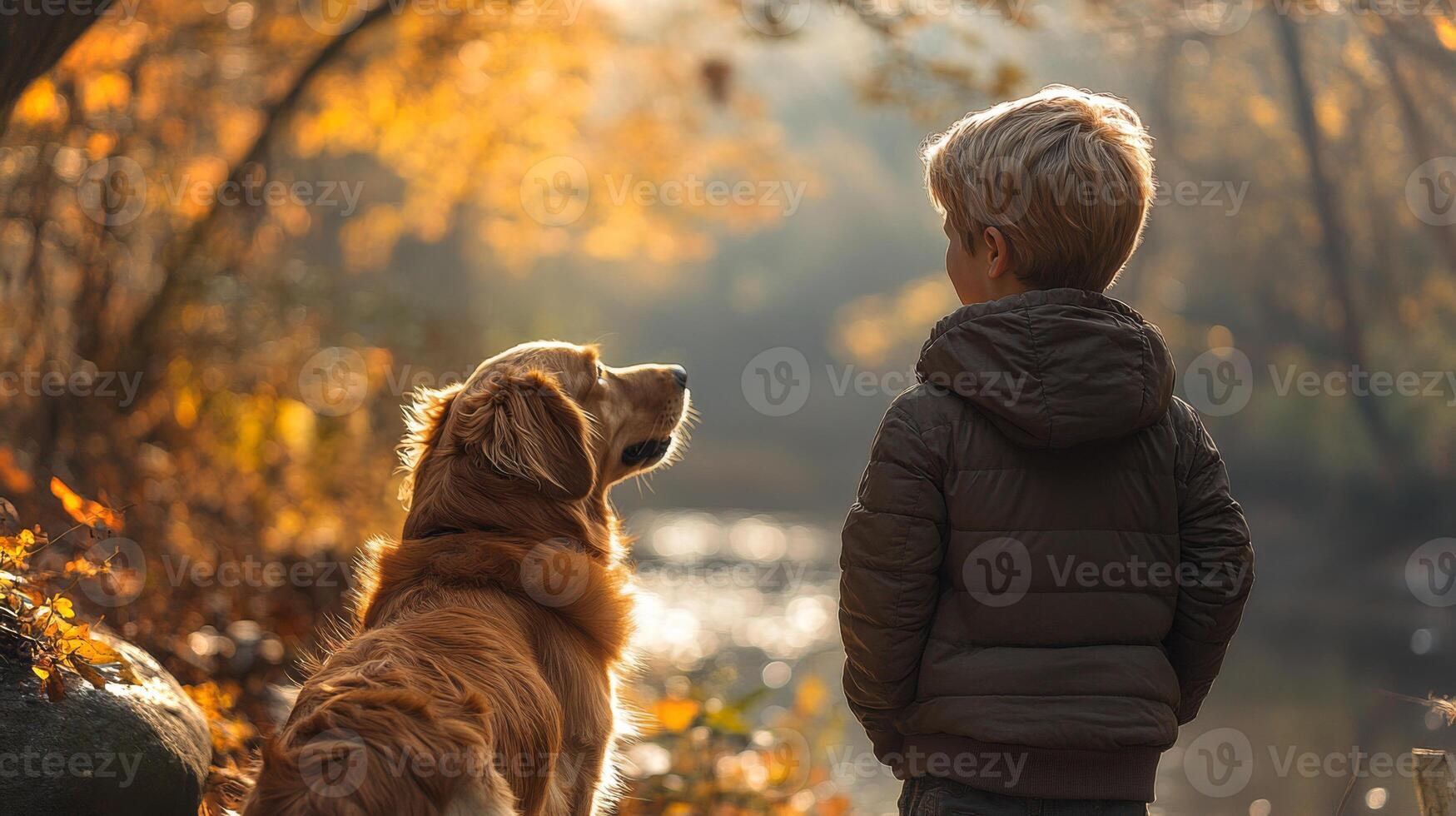 A young boy stands quietly beside his golden retriever in a serene autumn landscape, surrounded by vibrant orange and yellow leaves as sunlight filters through the trees. photo