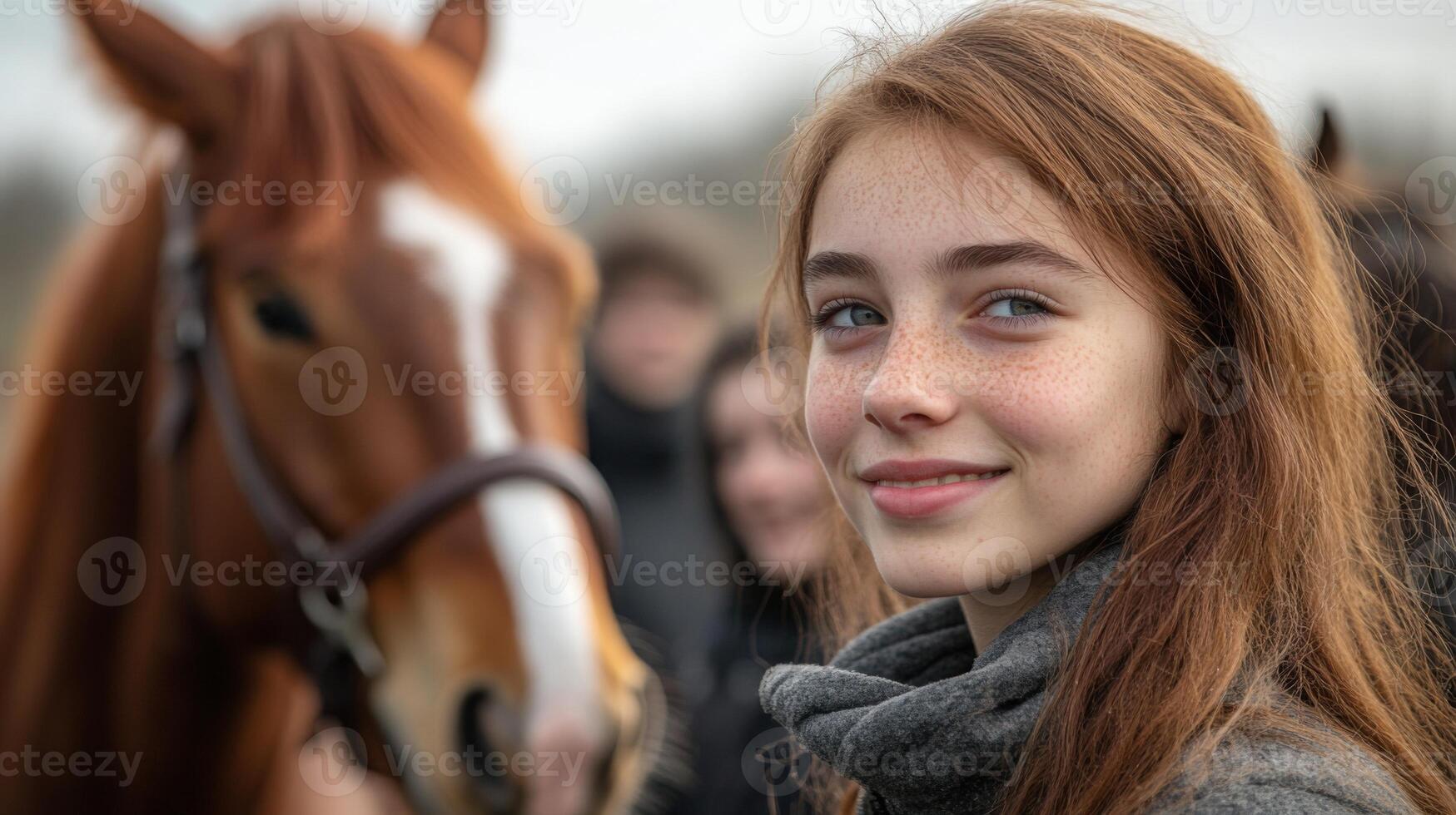A girl with long red hair is smiling while standing next to a brown horse. The atmosphere is relaxed with people gathered in the background on a cloudy day. photo