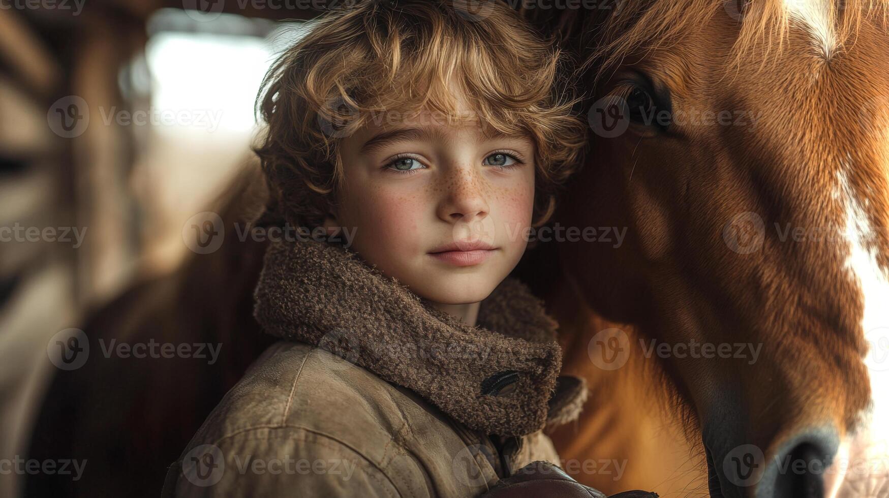 A young boy stands close to a horse, displaying a gentle expression while enjoying the calm atmosphere of the barn on a sunny afternoon. Soft light enhances the connection. photo