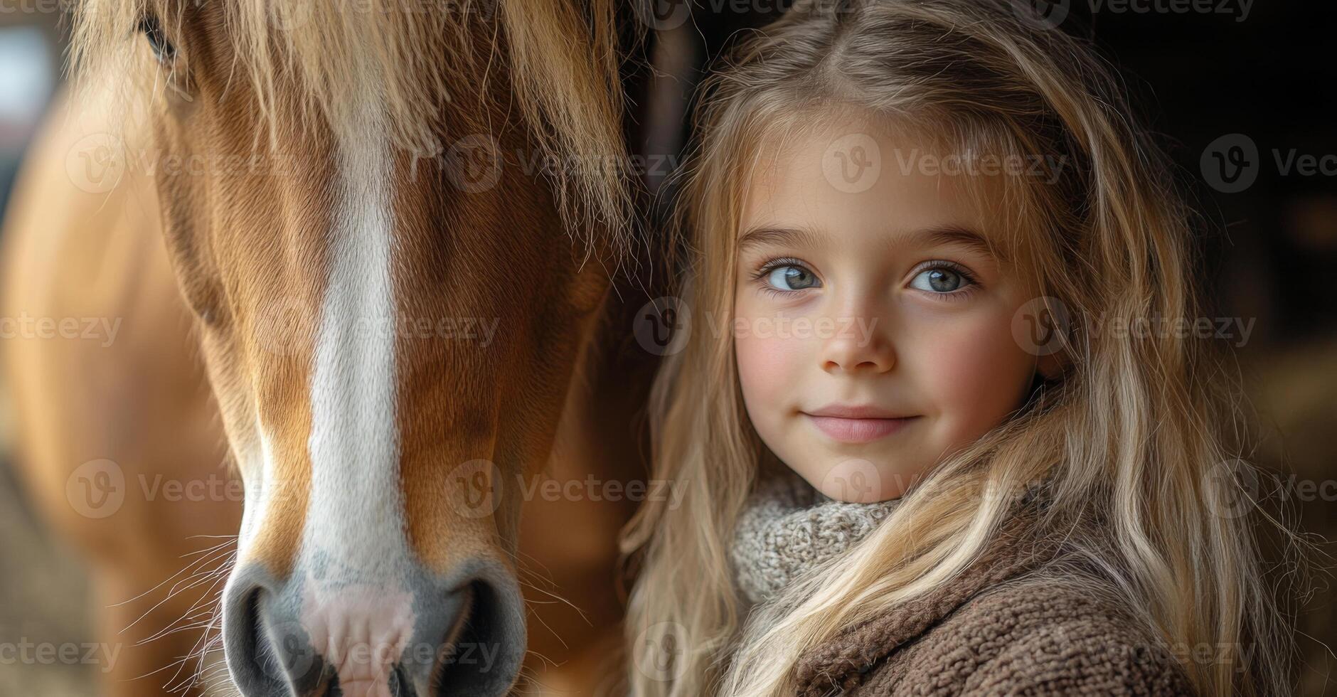 A young girl with long, light hair smiles while standing close to a horse in a rustic barn. Soft afternoon light highlights the peaceful connection between them. photo