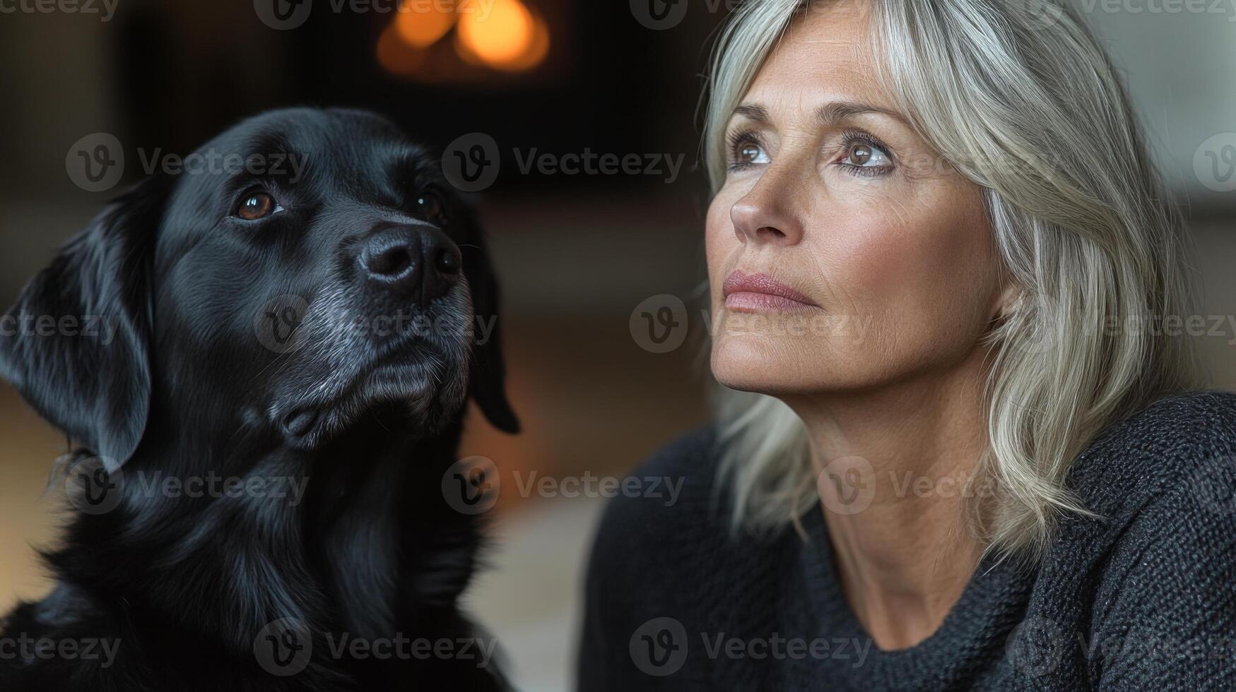 A woman with blonde hair sits beside her black dog, both gazing thoughtfully toward a flickering fireplace that creates a warm atmosphere in the room. photo