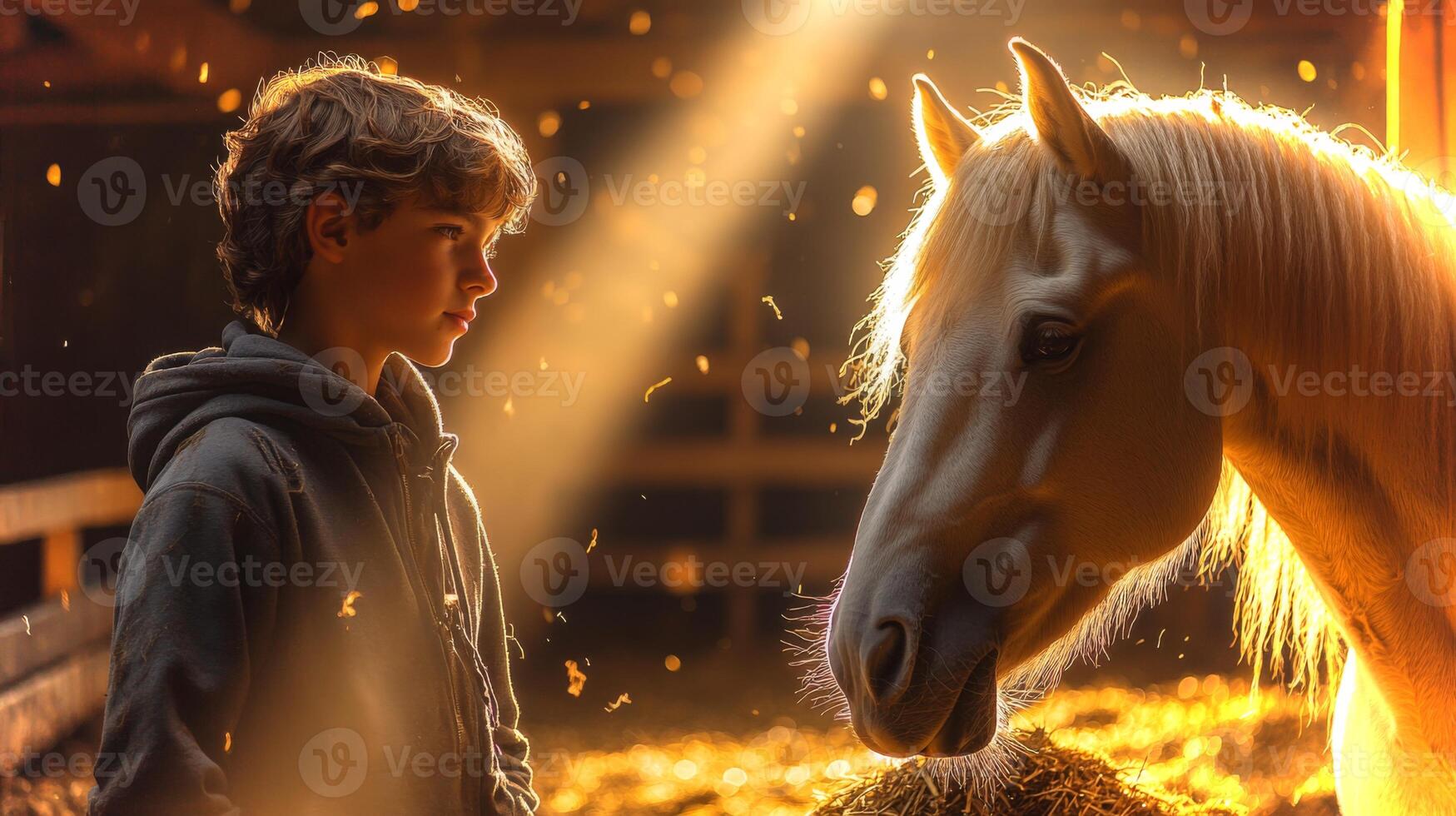 A young boy stands closely to a white horse, both illuminated by soft golden light streaming through a barn. Dust particles float around, enhancing the peaceful mood. photo