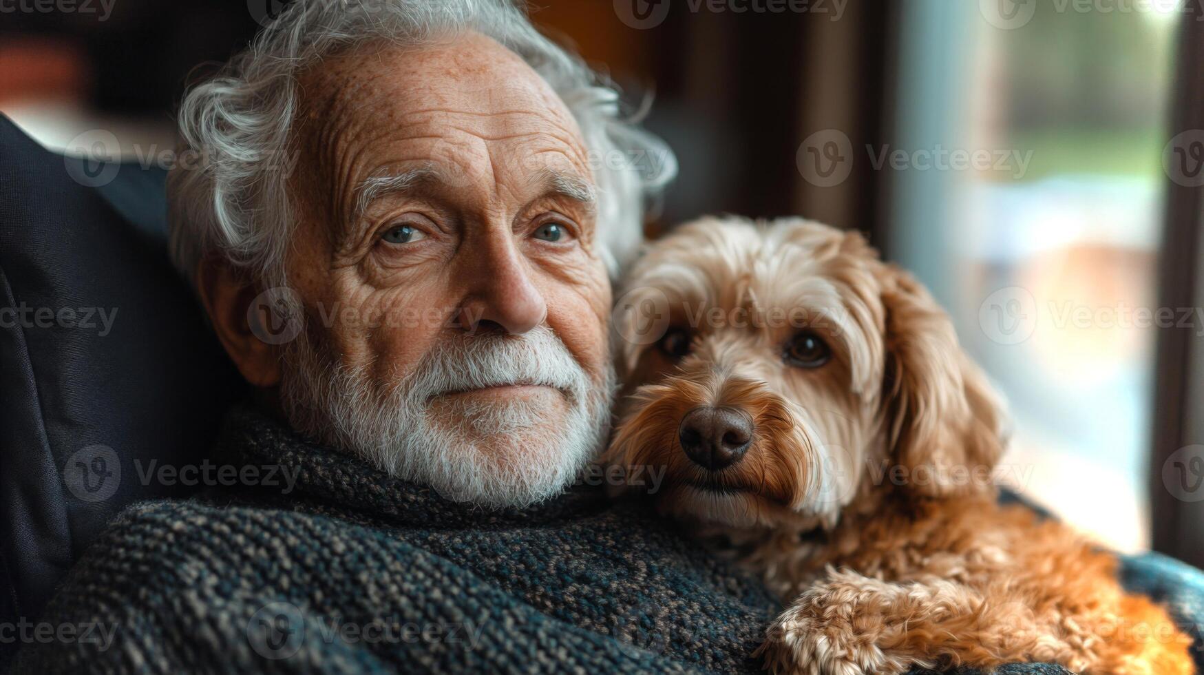 An older gentleman relaxes in a comfortable chair, gently cradling his small dog. Sunlight filters through the window, creating a warm atmosphere filled with tranquility. photo