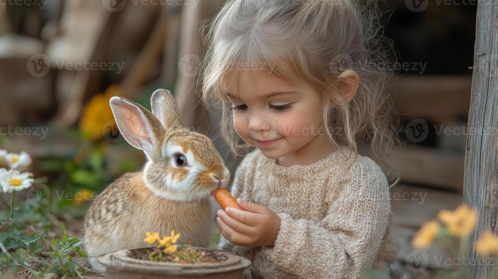 A young child smiles as she gently feeds a rabbit a carrot in a vibrant garden filled with blooming flowers and greenery under bright daylight. photo