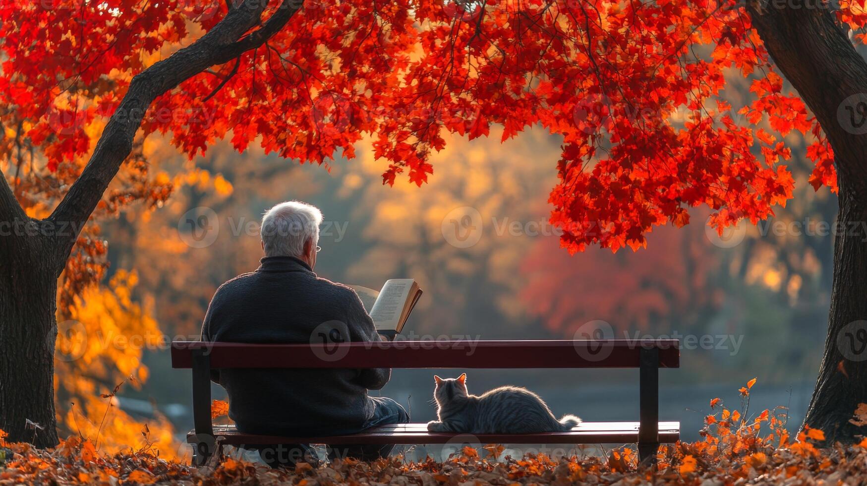 An elderly man reads a book seated on a bench in a park. A cat rests nearby as colorful autumn leaves create a serene atmosphere and warm sunlight filters through the trees. photo