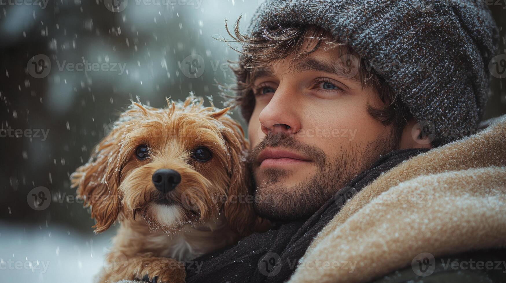 A young man with casual clothing smiles while holding his small dog close to his face. Snowflakes gently fall around them, creating a peaceful winter atmosphere. photo