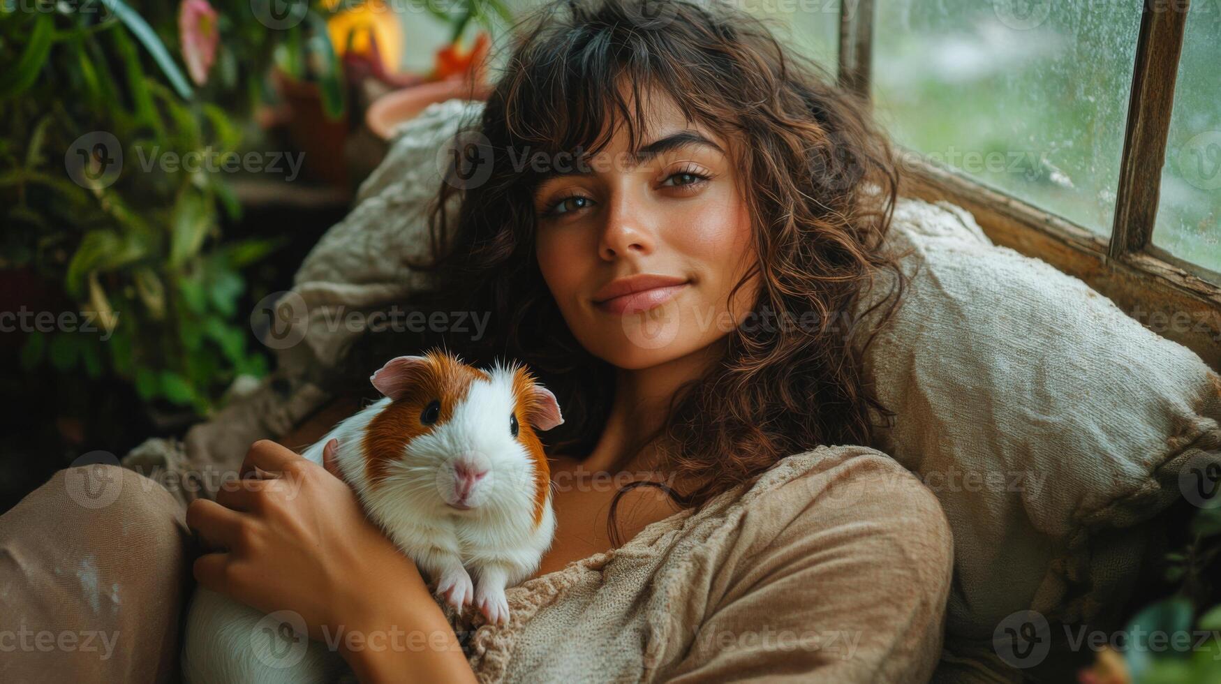 A young woman sits comfortably in a softly lit room, cradling a guinea pig in her arms. The atmosphere is warm and filled with plants, creating a serene environment. photo