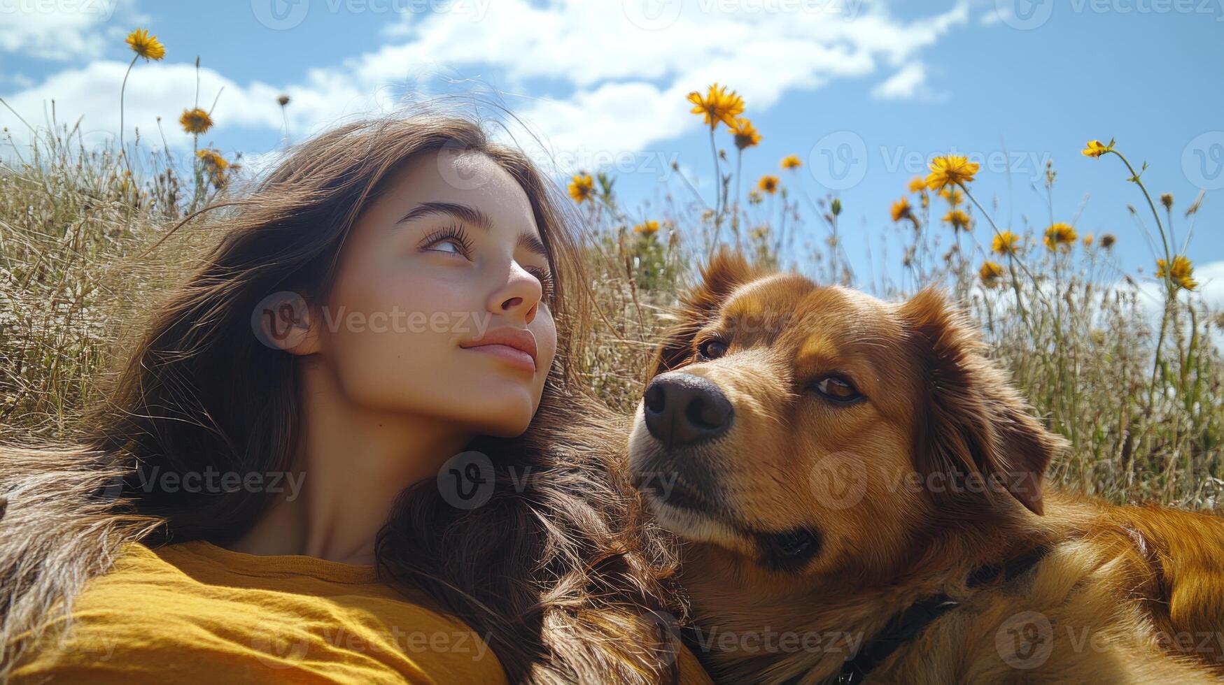 A woman relaxes in a meadow, gazing upwards while her dog lies beside her. The landscape is filled with wildflowers, creating a serene atmosphere under a clear sky. photo
