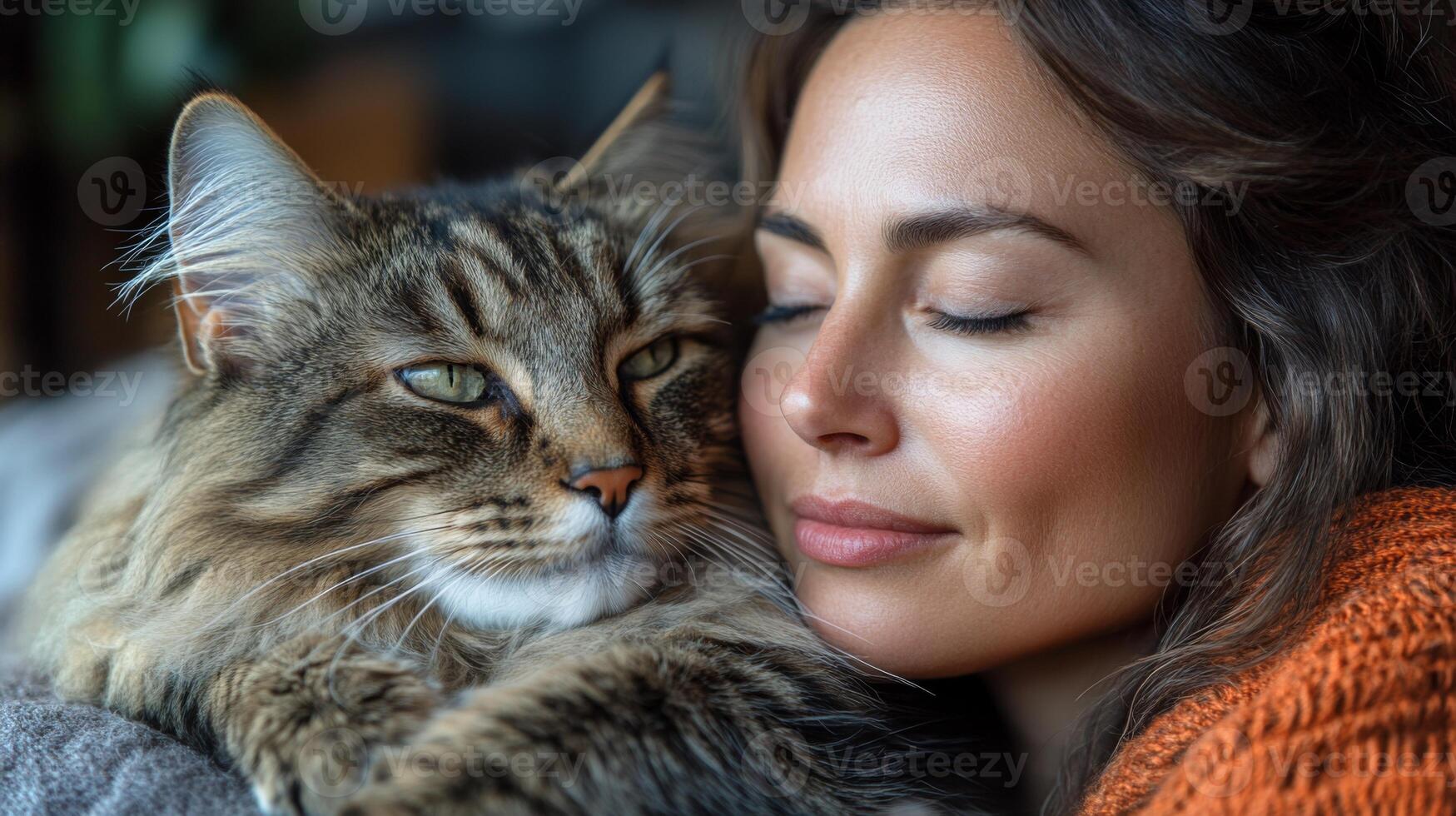 A woman with a serene expression snuggles close to her fluffy cat, creating a warm atmosphere as they enjoy a peaceful afternoon together in a cozy living space. photo