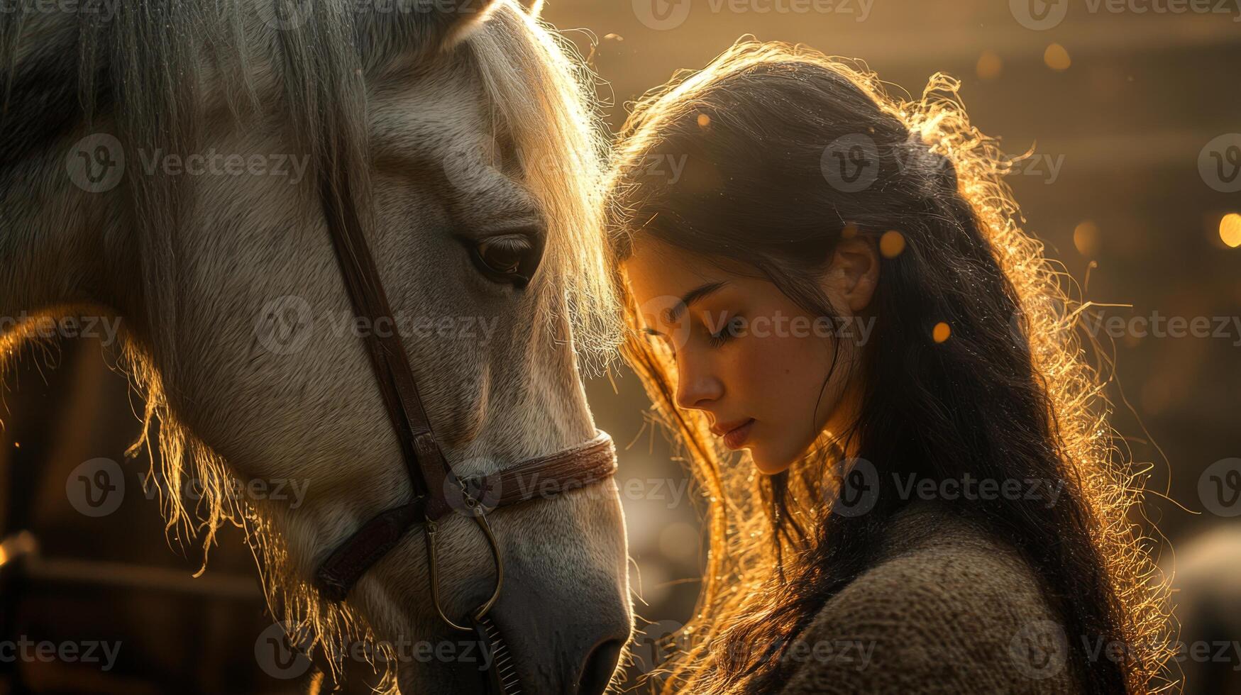 A young woman stands beside a gentle white horse, both illuminated by soft golden light. Their close interaction exudes warmth, peace, and a deep bond in a natural environment. photo