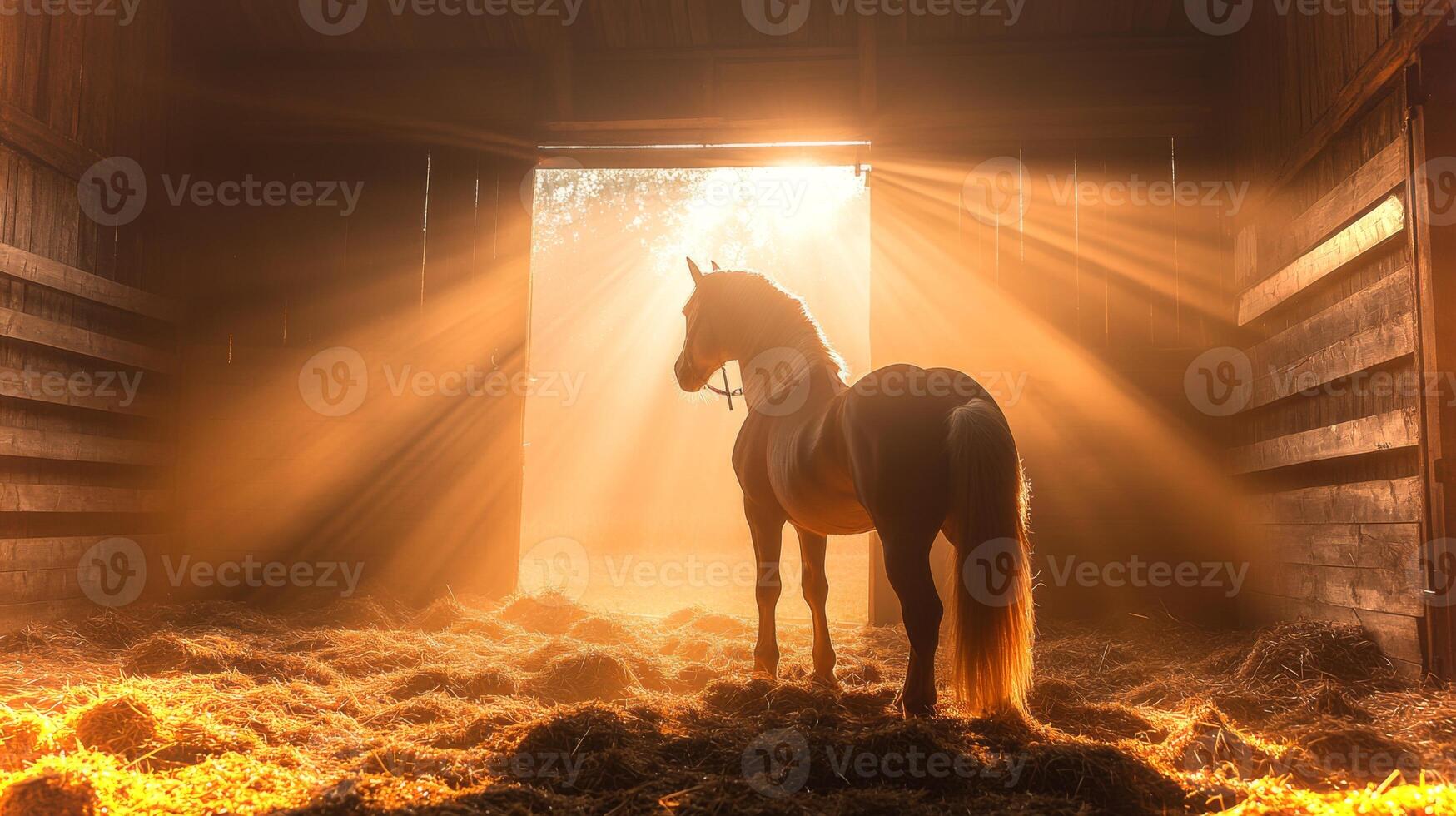 A horse is positioned in a barn surrounded by hay, with golden rays of sunlight casting a gentle glow through the open door, creating a tranquil scene at dawn. photo