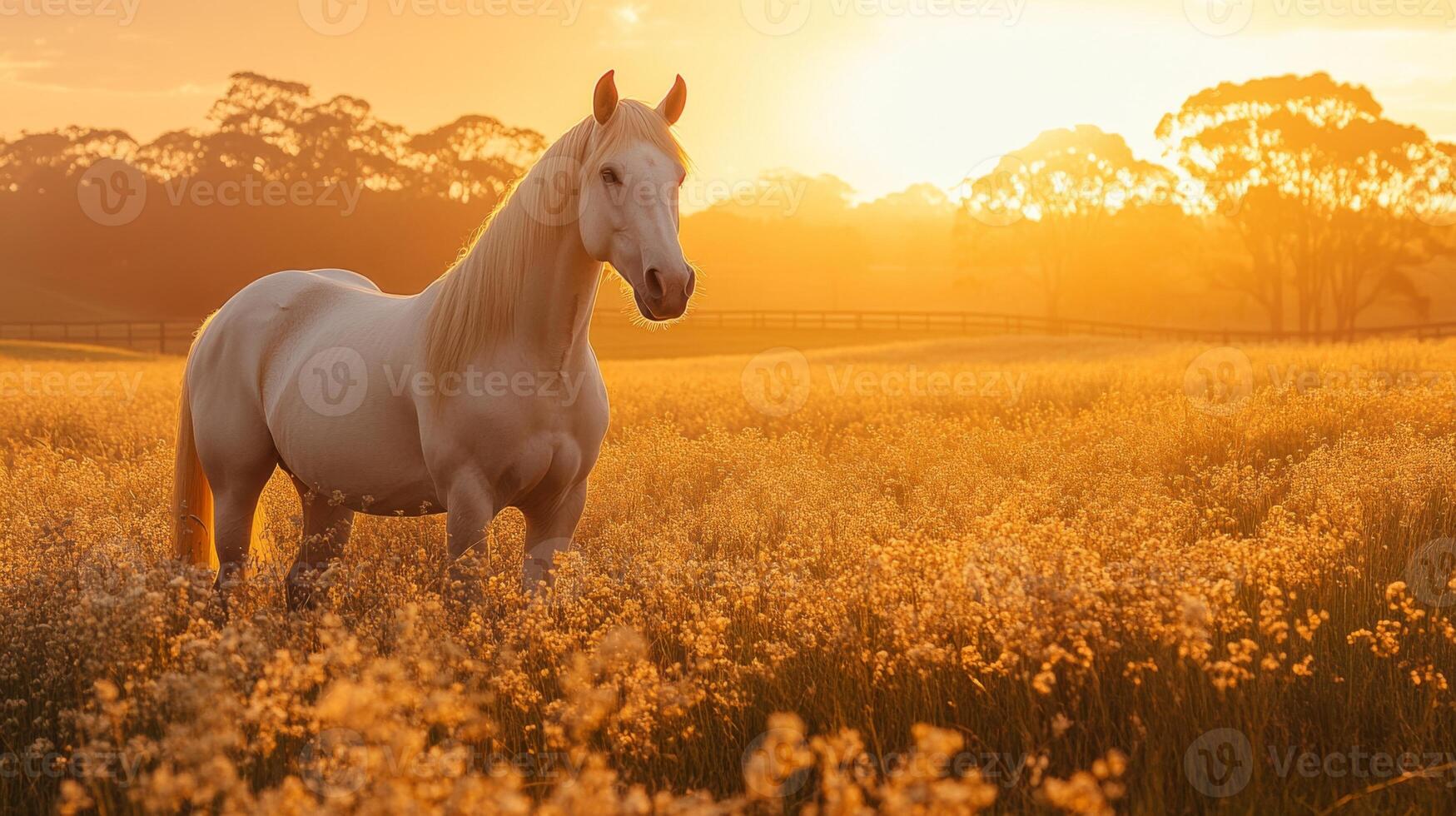 A stunning white horse poses elegantly amidst a blooming field as the sun sets, casting a golden hue across the serene landscape, creating a tranquil atmosphere. photo
