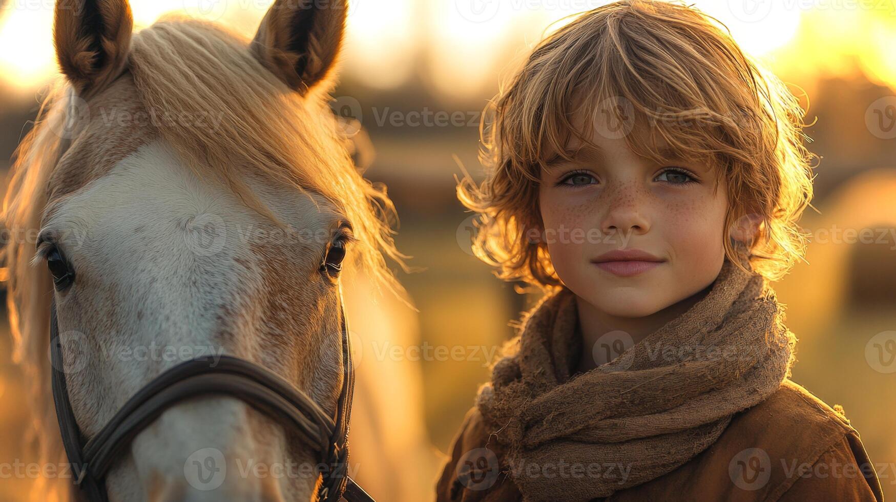A child with curly hair smiles while standing close to a white horse, illuminated by soft sunlight at sunset in a peaceful countryside environment. photo