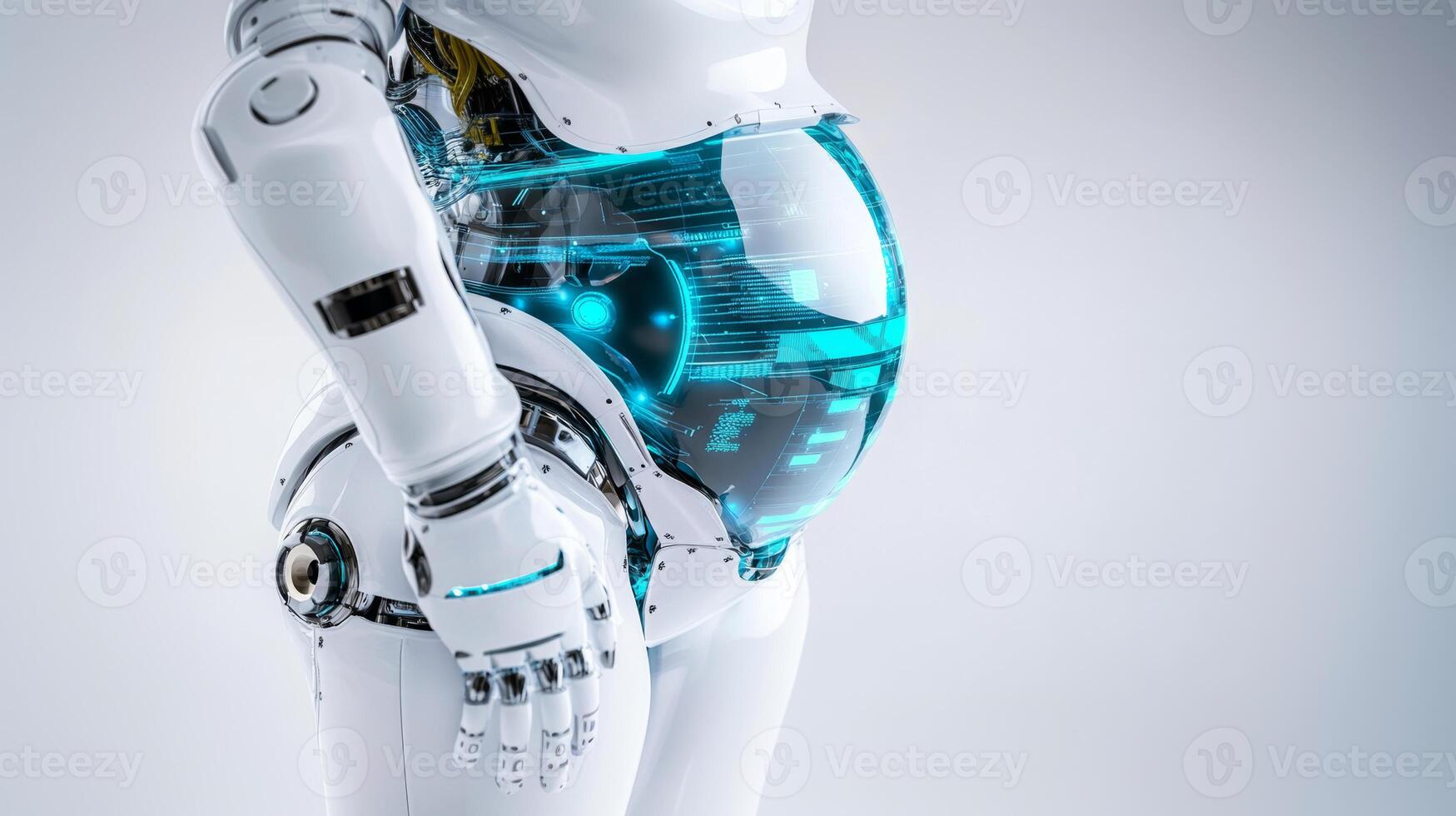 A futuristic robot showcases a transparent abdomen, revealing a developing embryo inside. The design blends technology with concepts of life, highlighting advancements in robotics and reproduction. photo