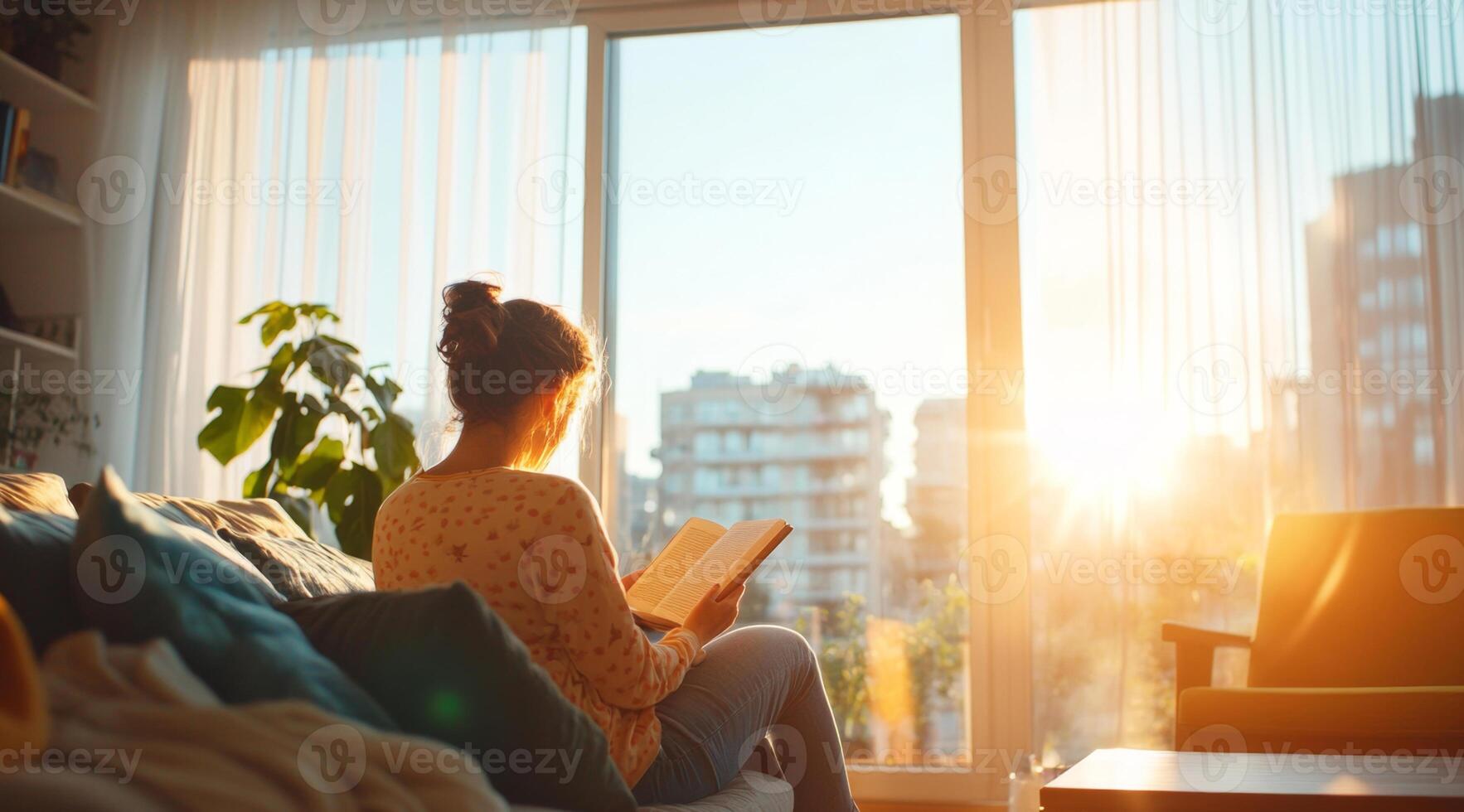 A pregnant woman sits comfortably on a couch, engrossed in a book, as the warm sunlight filters through large windows. The peaceful home environment highlights her serene moment of relaxation. photo