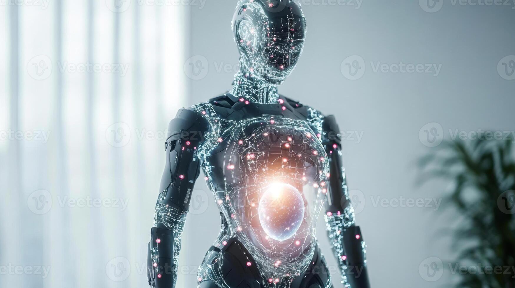 A futuristic robot displays an illuminated area in its abdomen, symbolizing the concept of pregnancy. photo