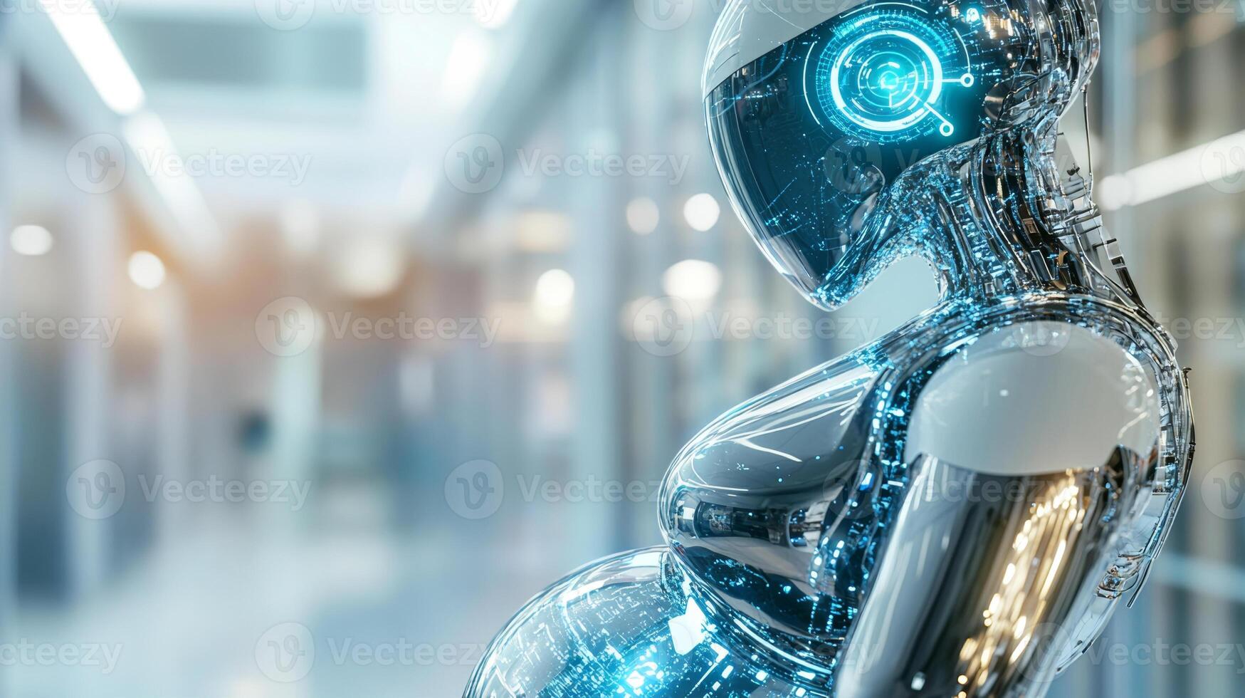 A sleek robotic figure, designed with advanced technology, displays visible signs of pregnancy. photo