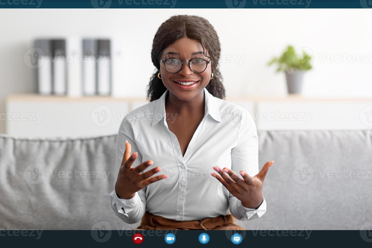 Pov screenshot of black female psychologist giving online consultation, chatting with clients. Positive psychotherapist having web conference or virtual meeting with customer photo